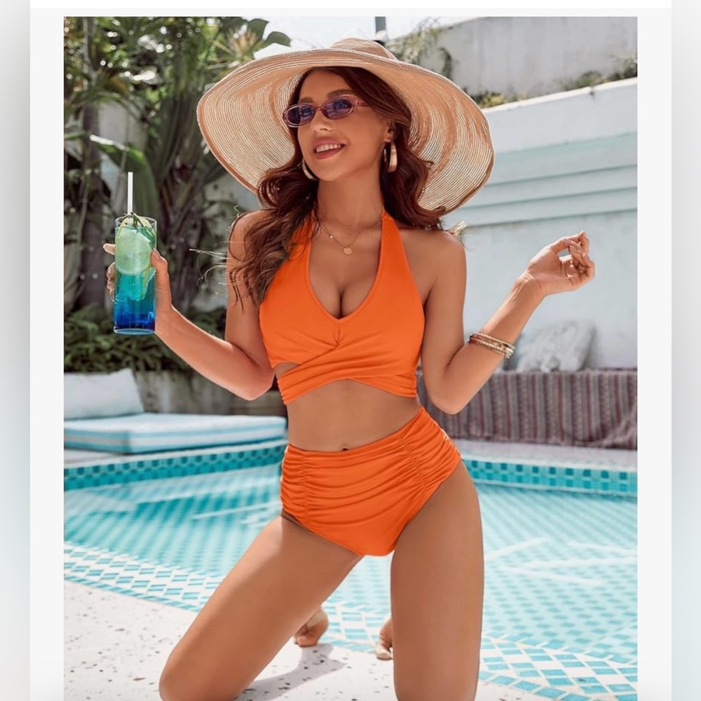 Vibrant Orange Halter Bikini Set